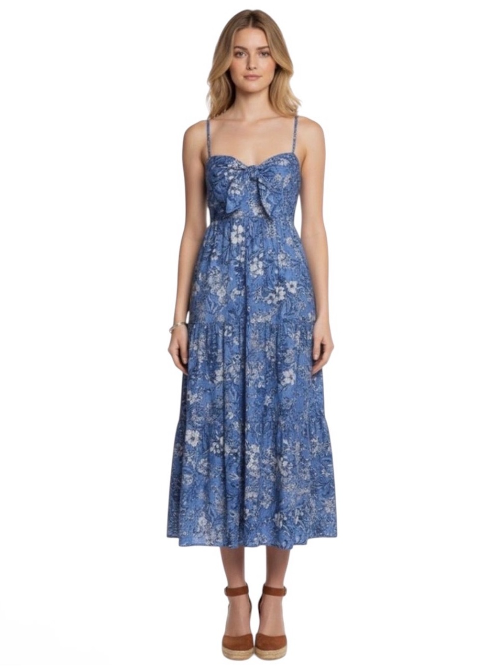 House of Harlow 1960 Blue Floral linen tiered Maxi  Dress with Tie Bodice